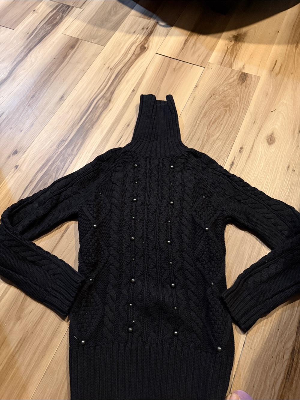 Relativity Black Cable-Knit Turtleneck Sweater with Pearl Studs